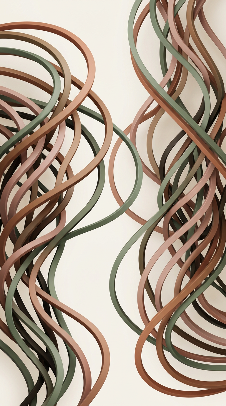 Intertwining rings in sage, terracotta and bone — the strands of a braid